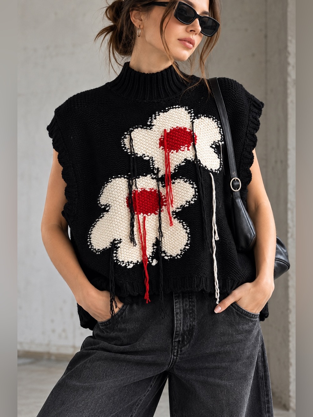 Litlookz Studio Weirdcore Flower Embroidered Knit Sweater Vest Black -S
